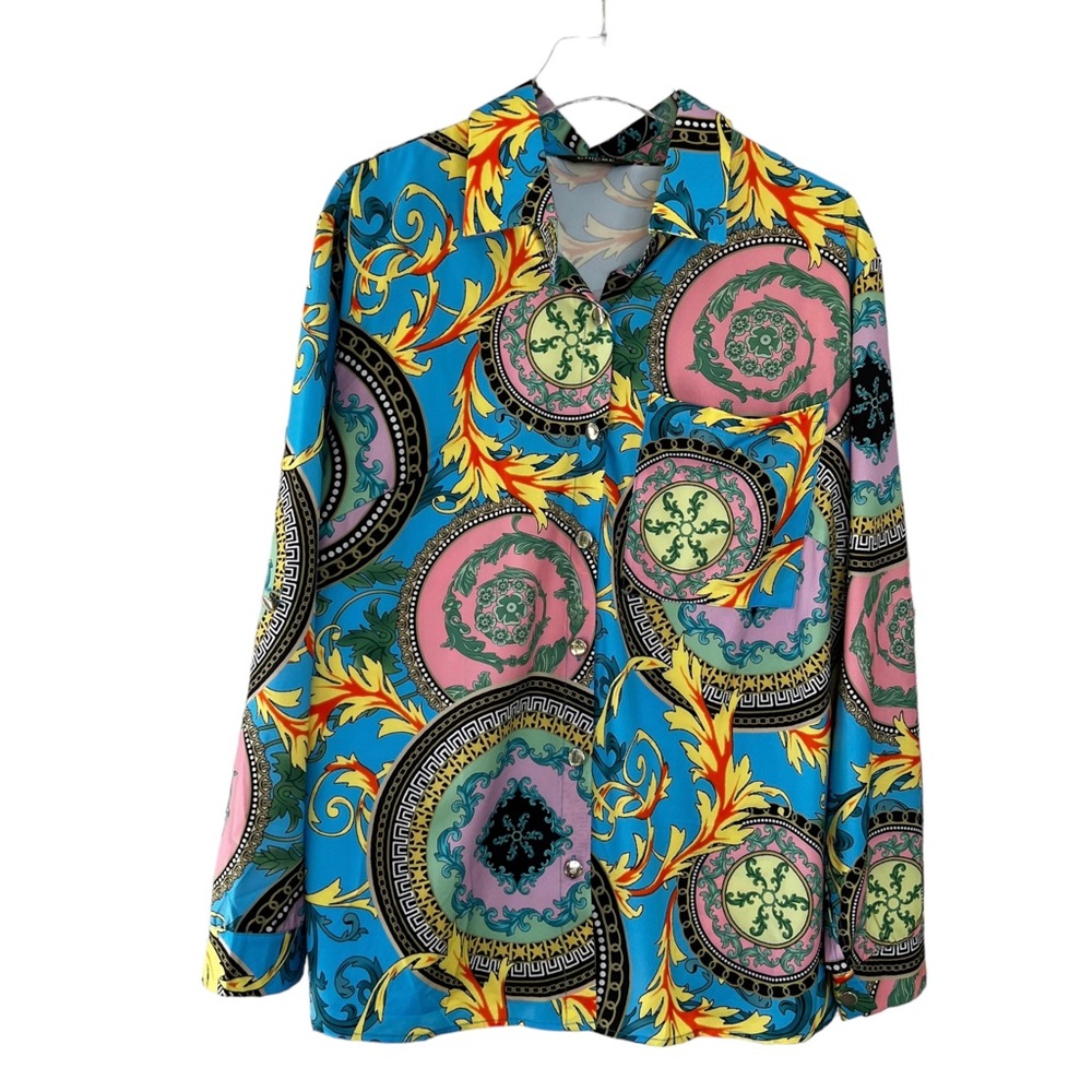 Chicme Yellow Pink Blue Colorful Silver Snaps Shirt 2X Vintage Vibes